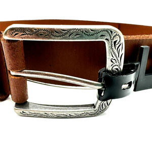 INC NWT Men's Large 38-40 Tan Brown Genuine Leather Western Silver Buckle Belt